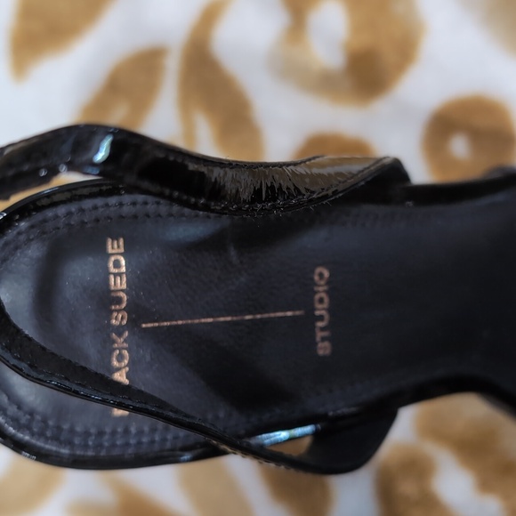 Black Suade Stiletto Heels with Rhinestone Bow - Picture 2 of 5